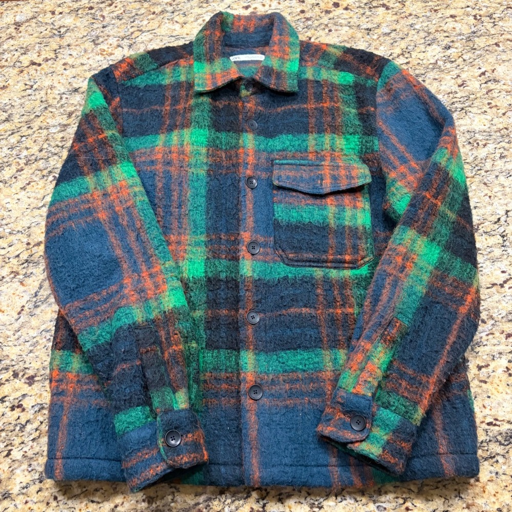 Zara Man Plaid Shirt Jacket Green Orange Overshirt Mens Size M ws